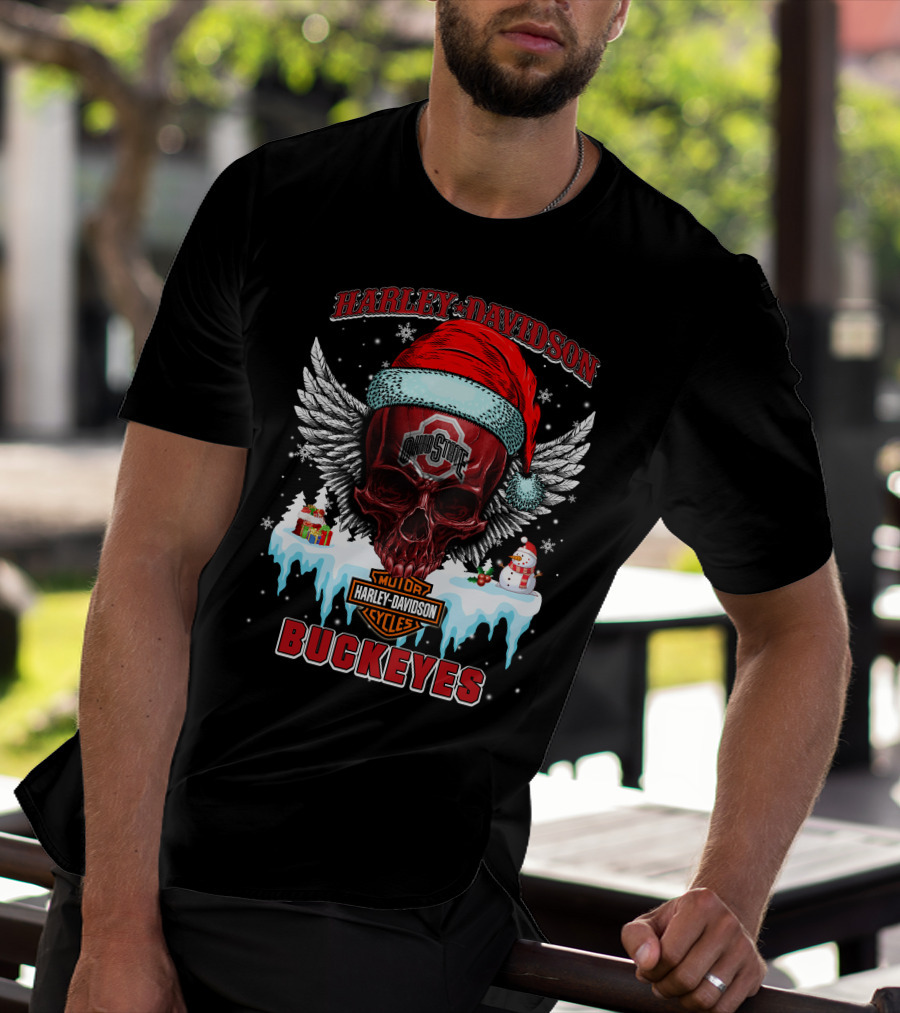 Harley Davidson Ohio State Buckeyes Motorcycles Cycles Santa Skull Wings Snowman T-Shirt