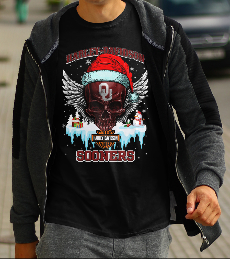 Harley Davidson Oklahoma Sooners Christmas Skull Wings T-Shirt
