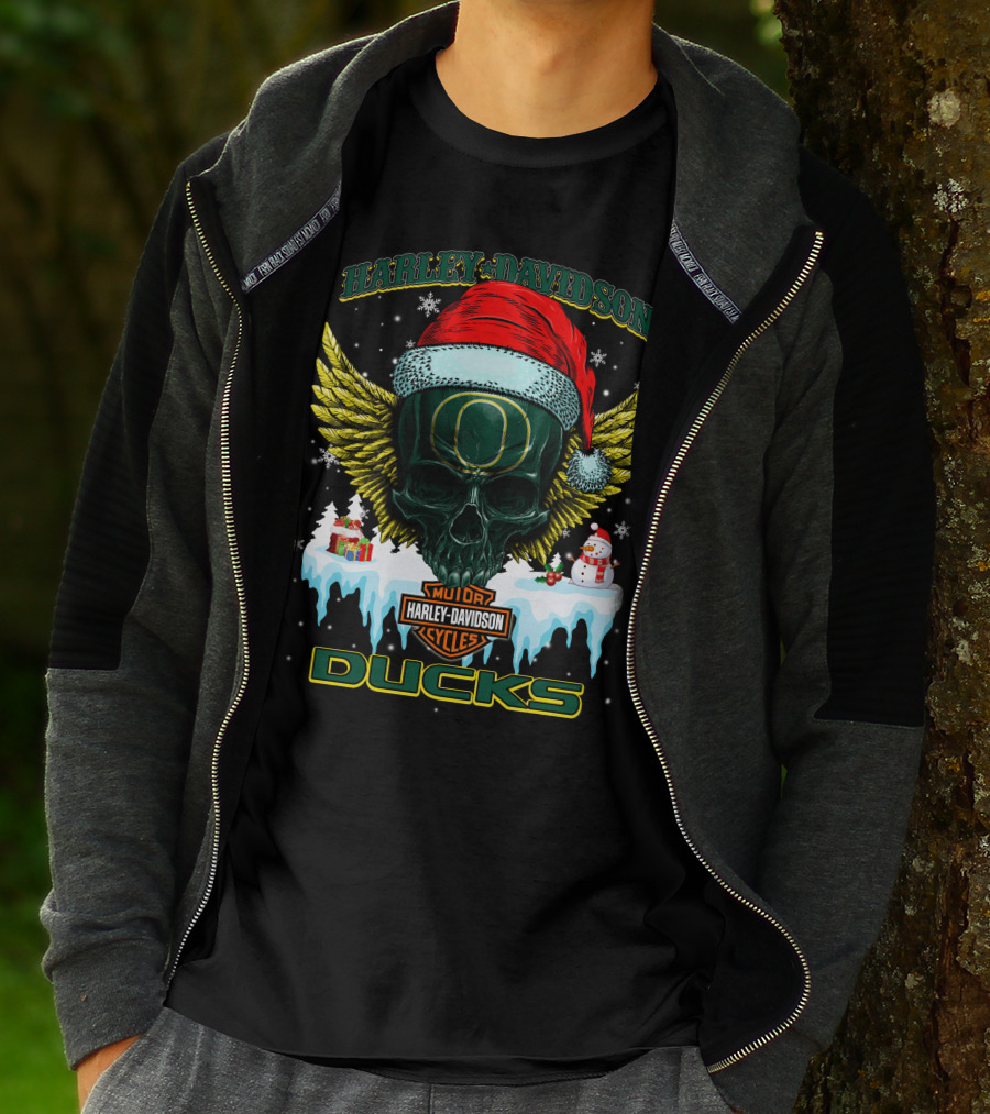 Harley Davidson Oregon Ducks Santa Skull Snowman Holiday T-Shirt