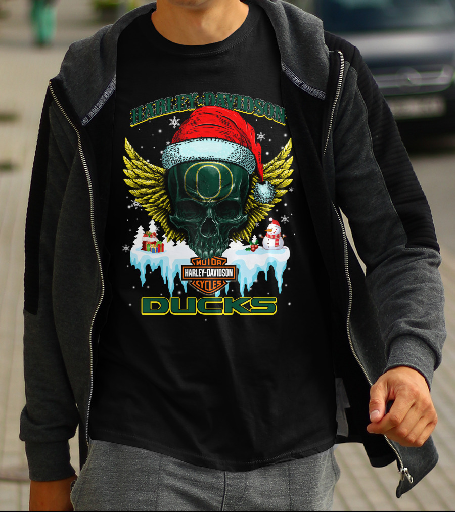 Harley Davidson Oregon Ducks Santa Skull Snowman Holiday T-Shirt