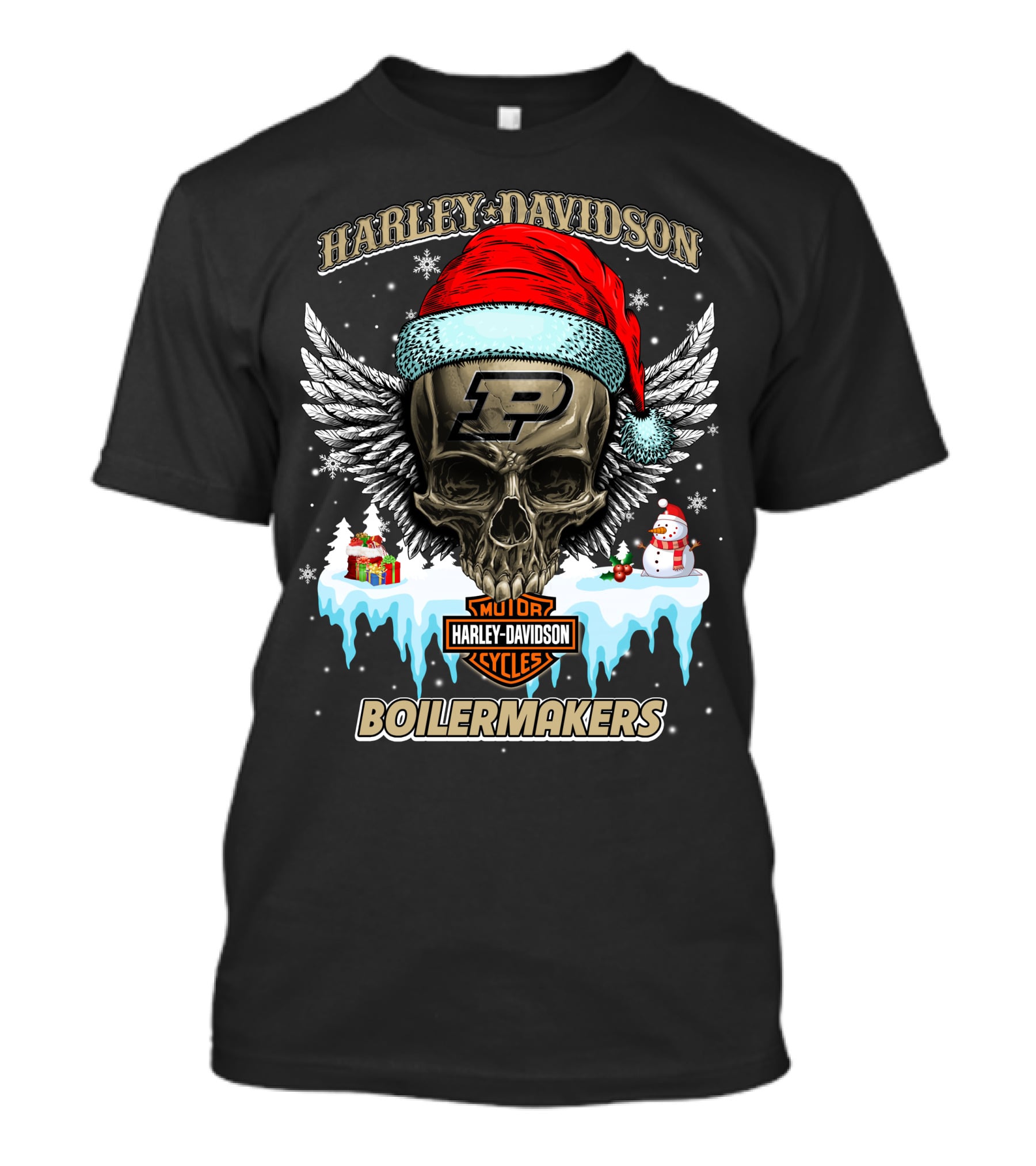 Harley Davidson Purdue Boilermakers Skull With Santa Hat And Snowflakes T-Shirt