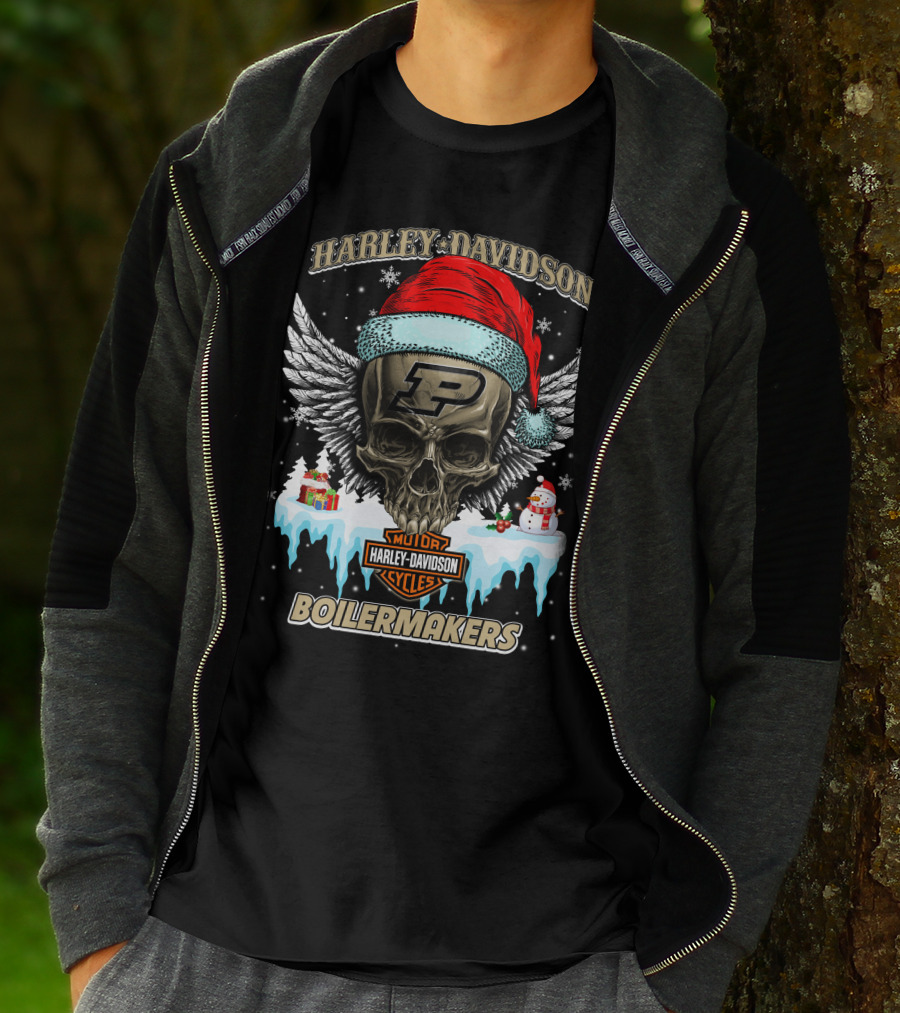 Harley Davidson Purdue Boilermakers Skull With Santa Hat And Snowflakes T-Shirt