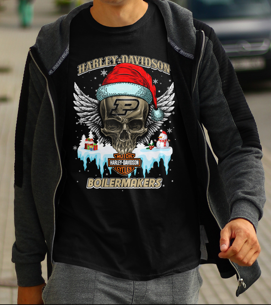 Harley Davidson Purdue Boilermakers Skull With Santa Hat And Snowflakes T-Shirt