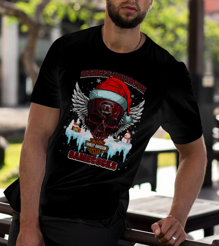 Harley Davidson Gamecocks Christmas Skull With Santa Hat And Snowman T-Shirt