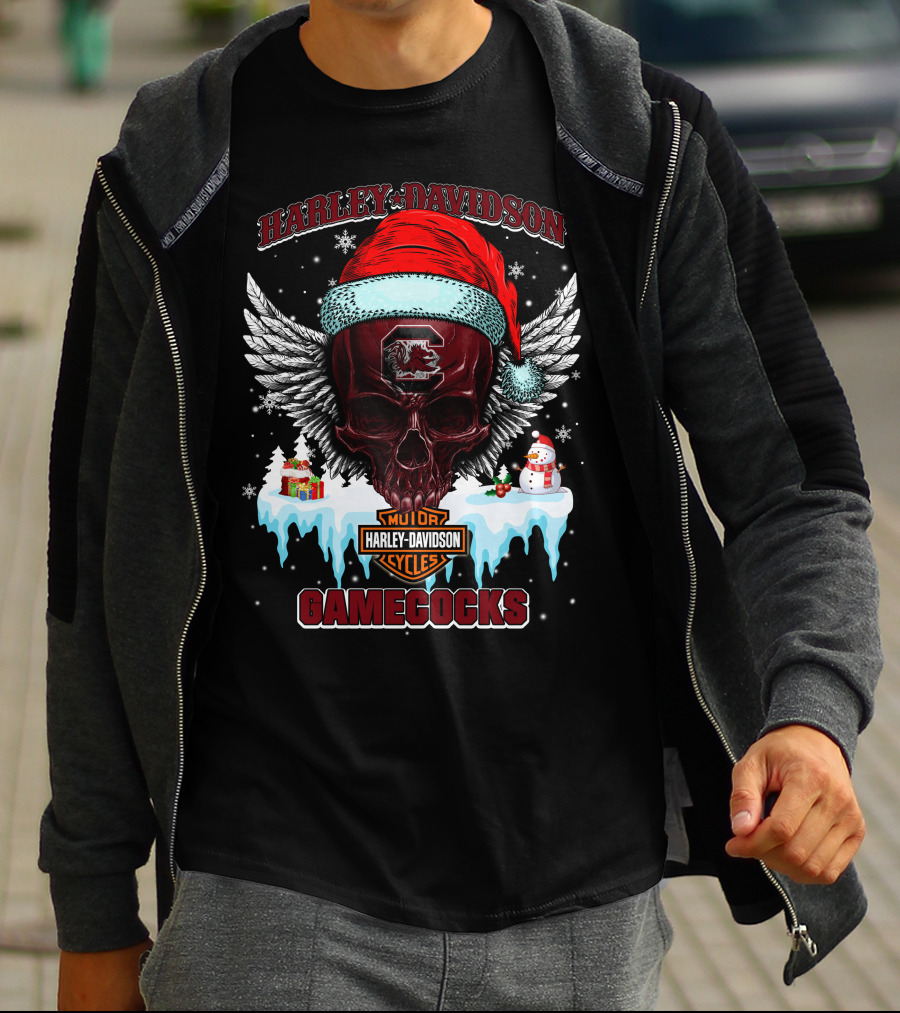 Harley Davidson Gamecocks Christmas Skull With Santa Hat And Snowman T-Shirt