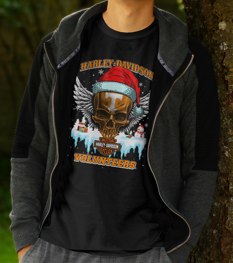 Harley Davidson Motor Cycles Tennessee Volunteers Santa Skull T-Shirt