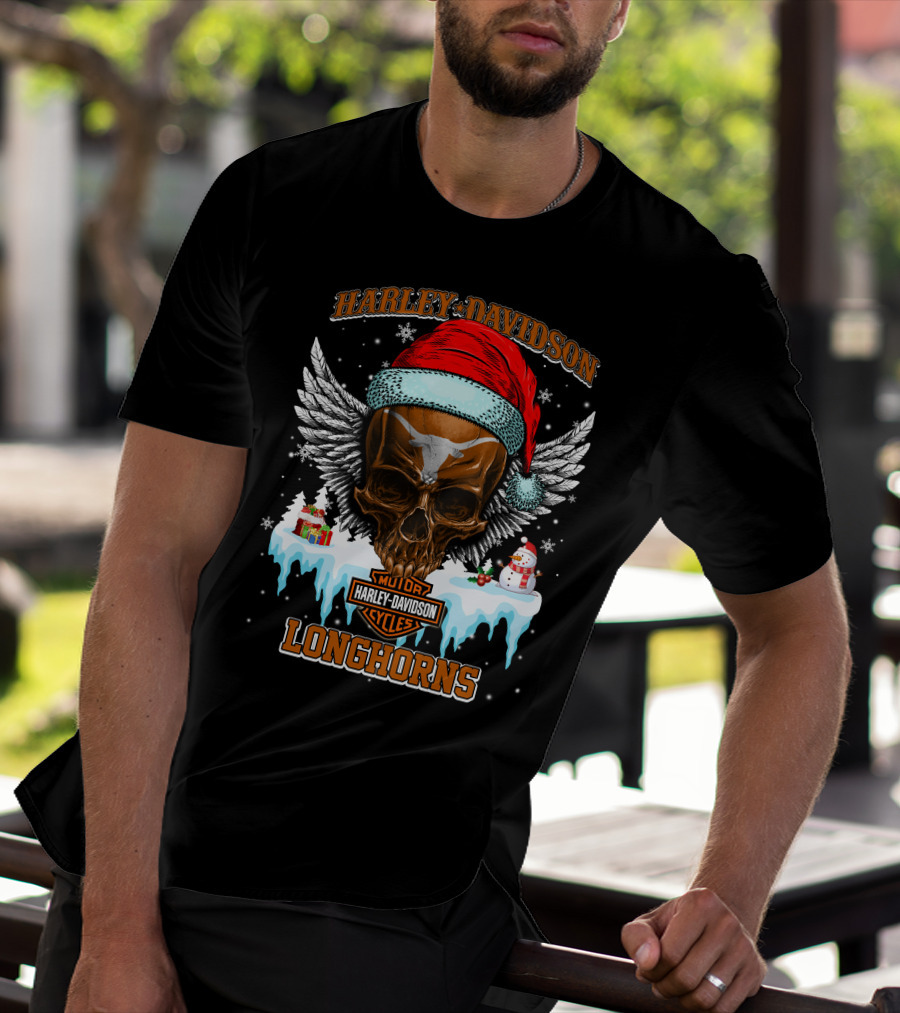 Harley Davidson Motor Cycles Longhorns Santa Skull Wings T-Shirt