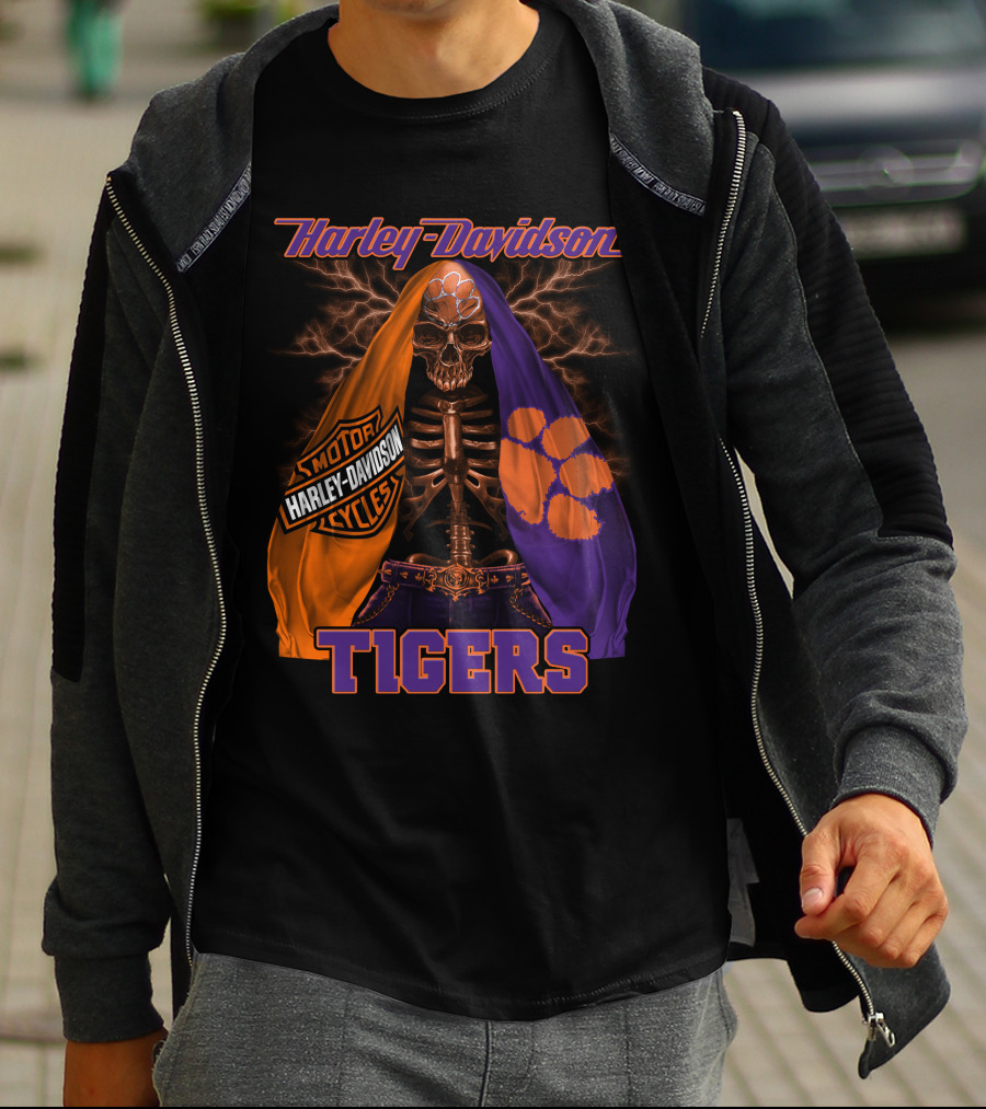 Harley Davidson Clemson Tigers Motorcycle Skeleton T-Shirt