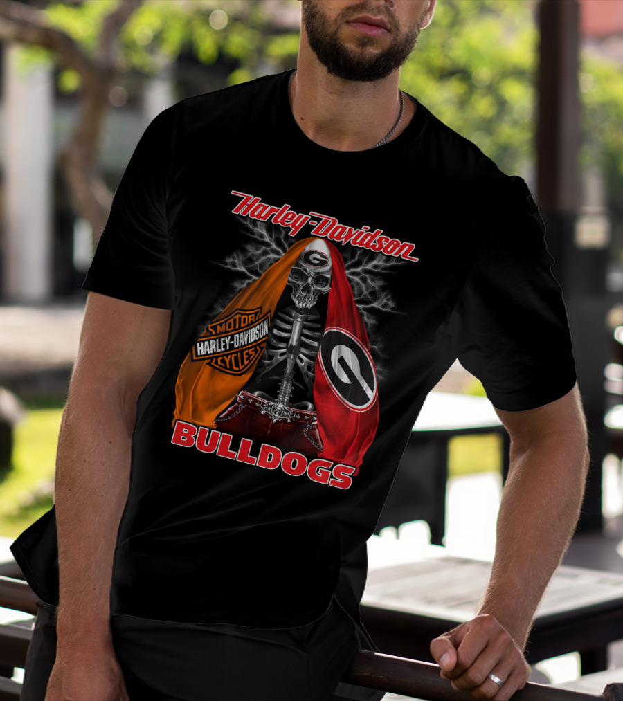 Harley Davidson Georgia Bulldogs Skeleton Lightning Motorcycles T-Shirt