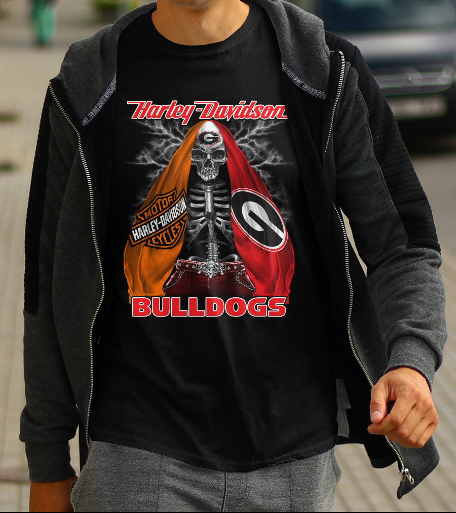 Harley Davidson Georgia Bulldogs Skeleton Lightning Motorcycles T-Shirt