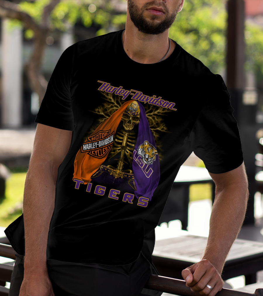 Harley Davidson Lsu Tigers Skeleton Motorcycles T-Shirt