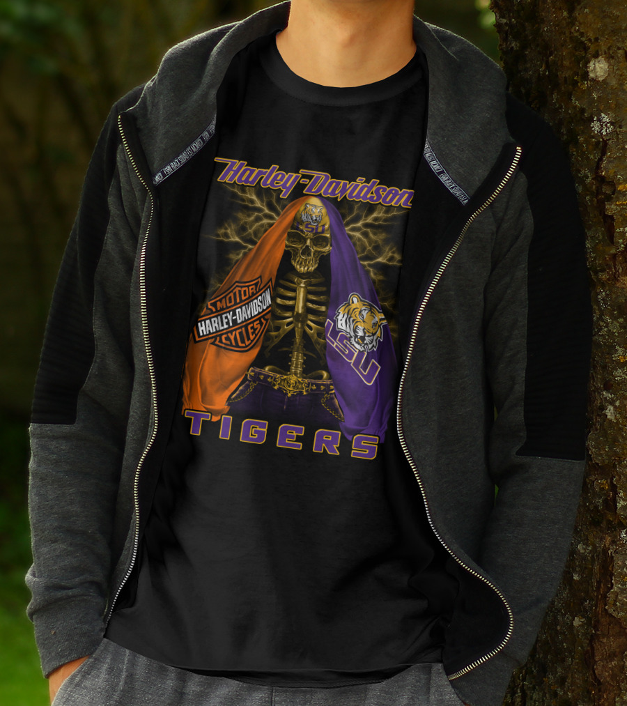 Harley Davidson Lsu Tigers Skeleton Motorcycles T-Shirt