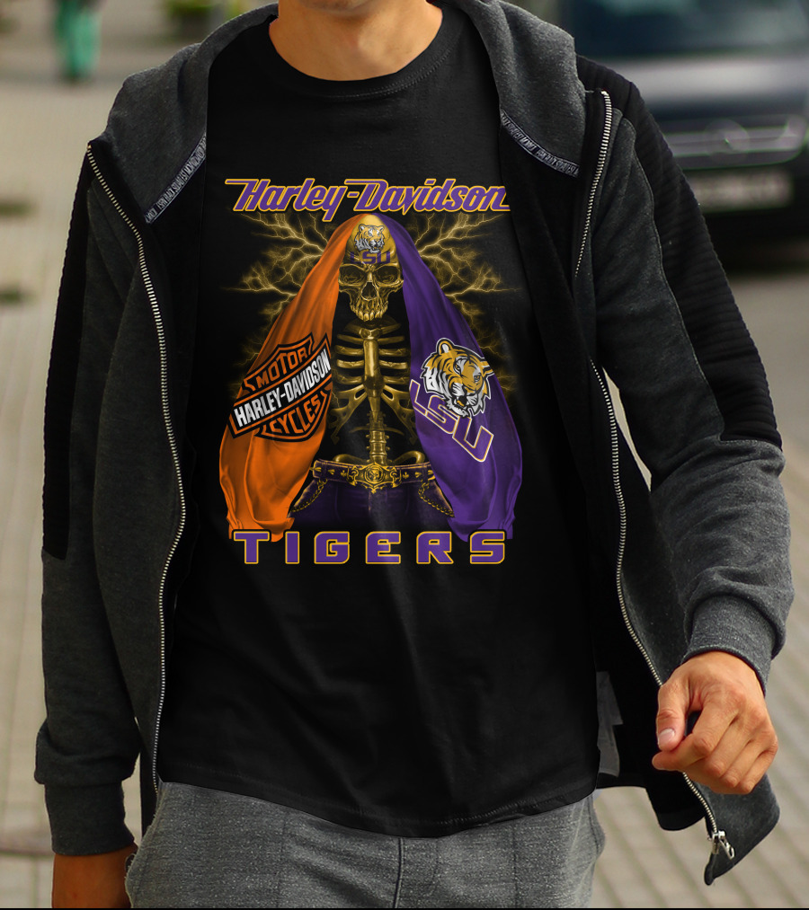 Harley Davidson Lsu Tigers Skeleton Motorcycles T-Shirt