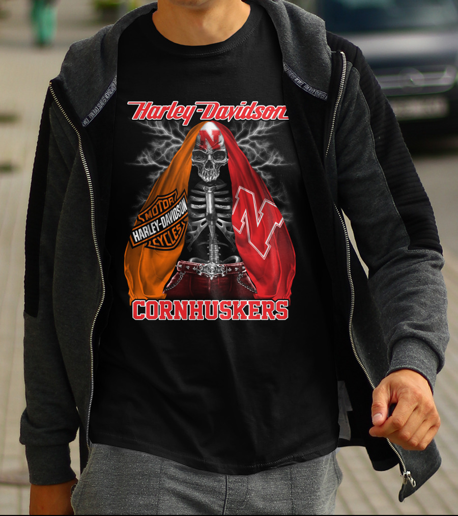 Harley Davidson Nebraska Cornhuskers Skeleton With Logo Cloak T-Shirt