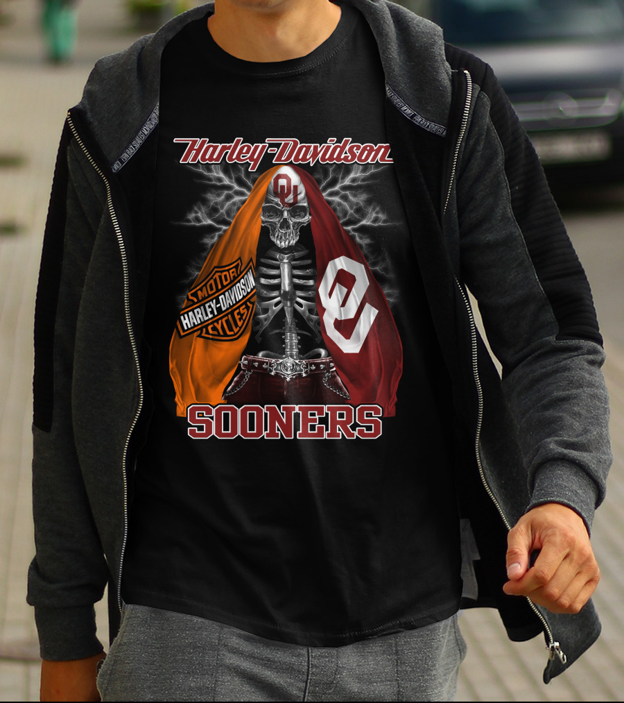 Harley Davidson Oklahoma Sooners Skeleton Thunderbolt T-Shirt