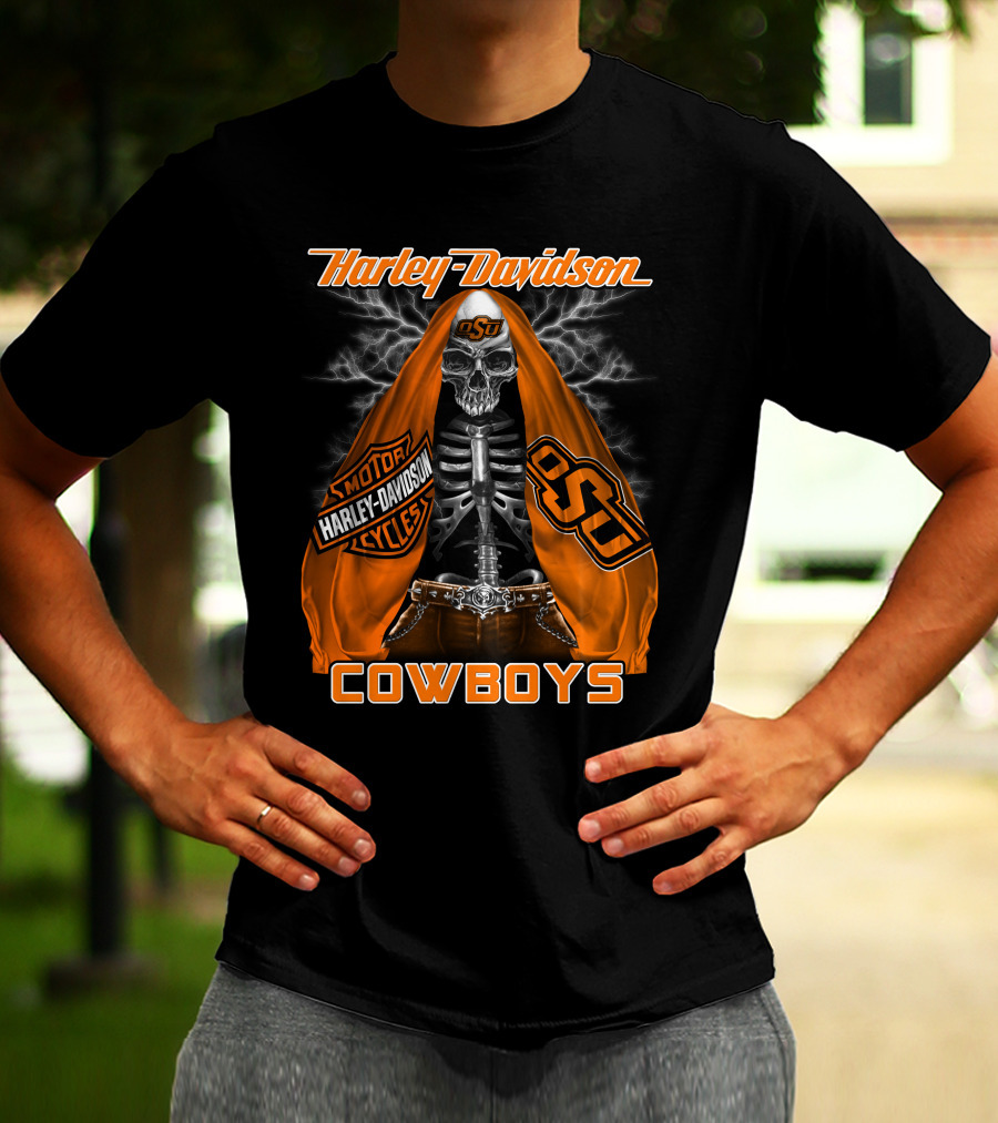 Harley Davidson Oklahoma State Cowboys Skeleton Osu Motorcycle T-Shirt
