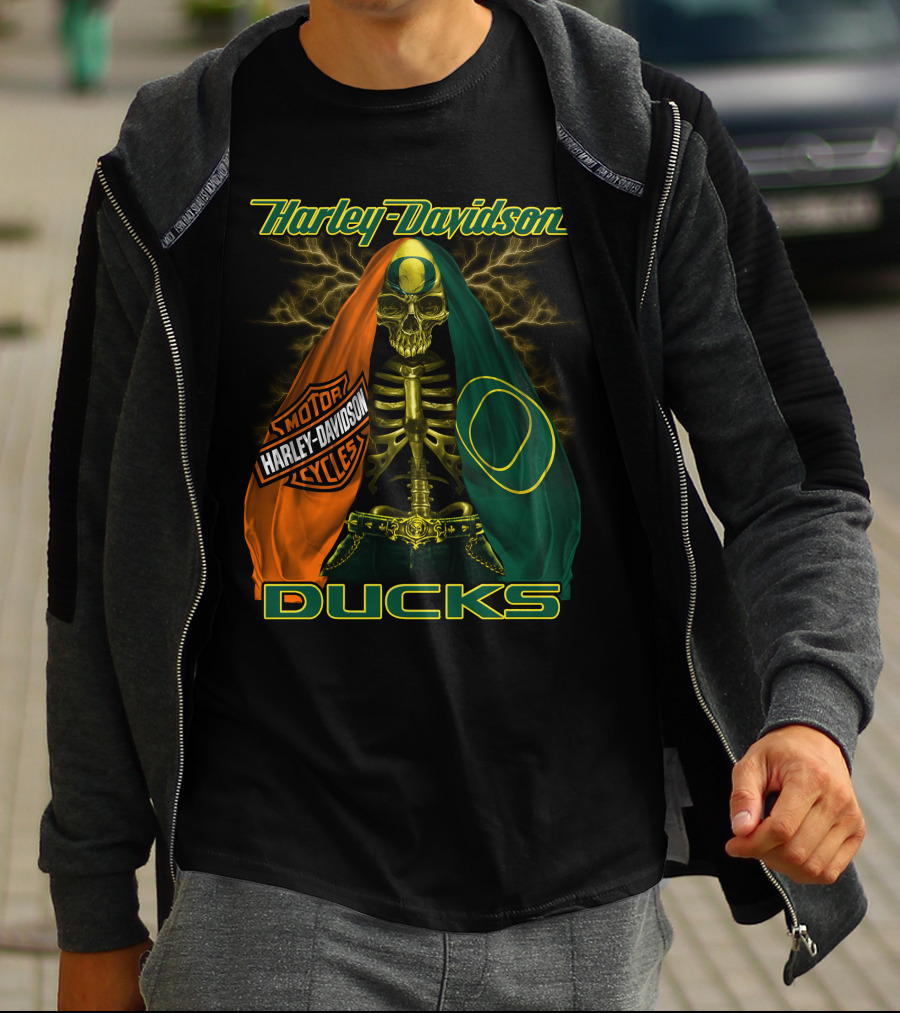 Harley Davidson Motorcycles Ducks Oregon Skeleton T-Shirt