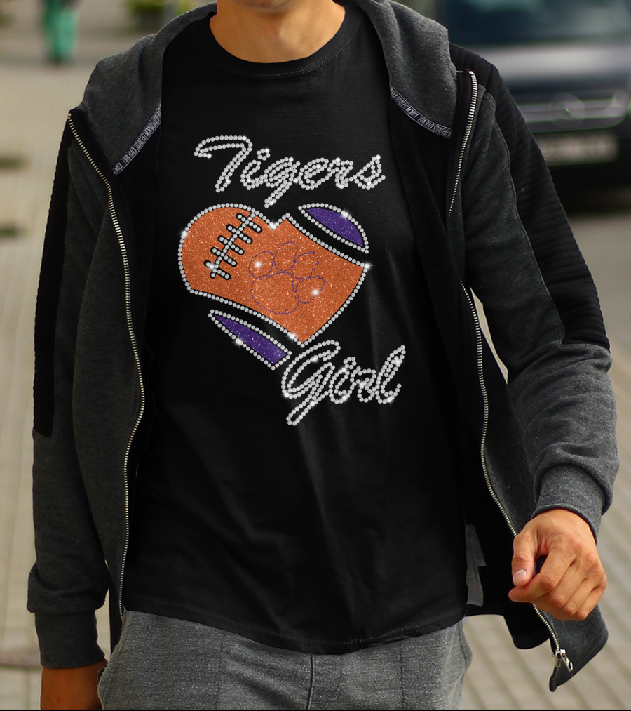 Tigers Girl Heart Football Clemson Paw T-Shirt