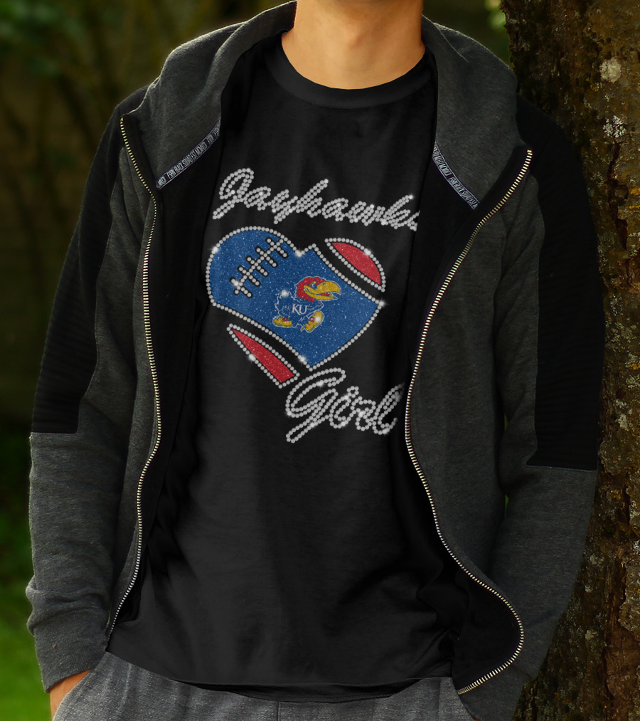 Jayhawks Girl KU Football Heart T-Shirt