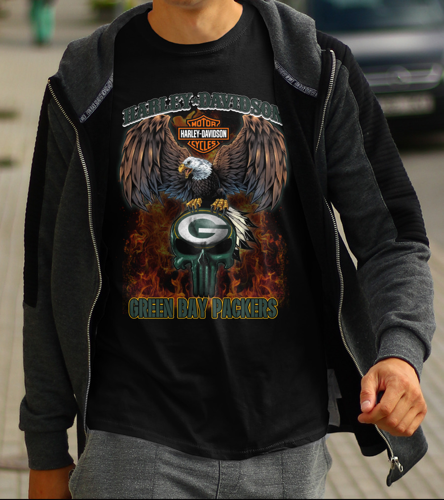 Harley Davidson Green Bay Packers Eagle And Flaming Skull T-Shirt