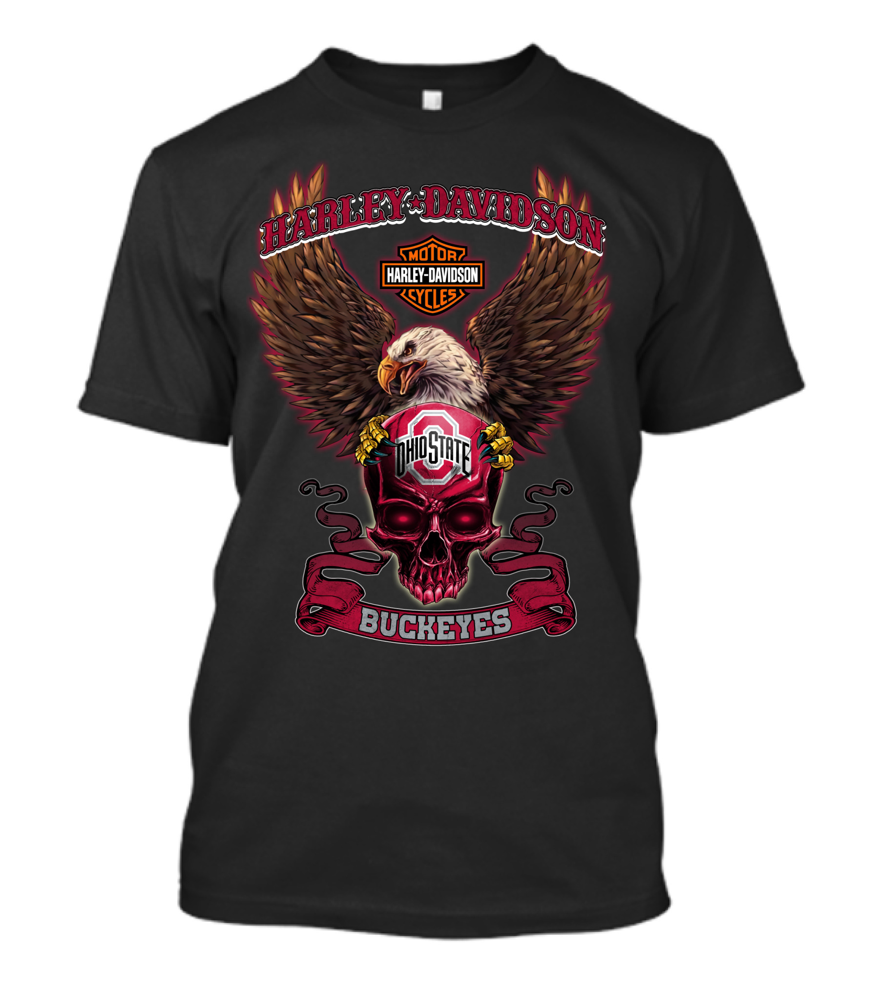 Ohio State Buckeyes Harley Davidson Cycles Eagle Skull T-Shirt