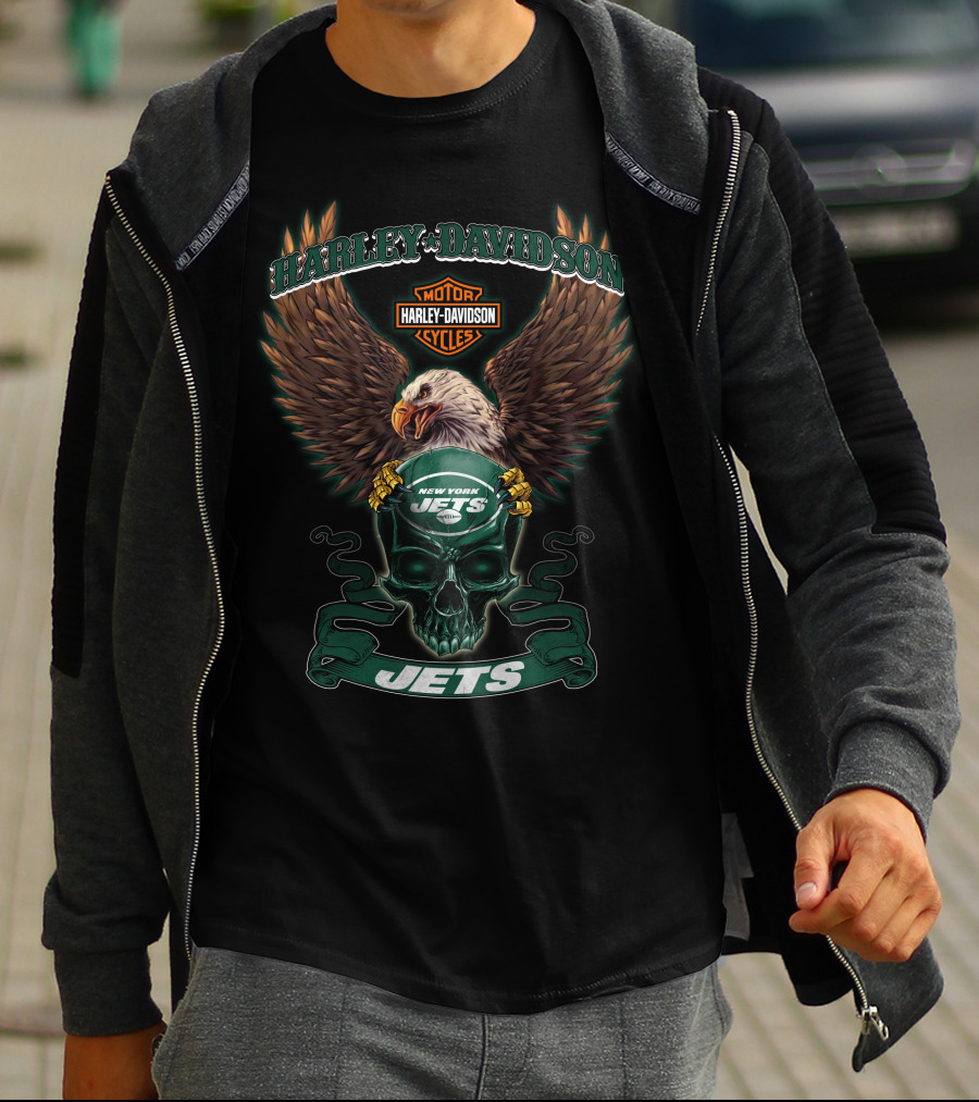 Harley Davidson Motor Cycles New York Jets Eagle Skull Jets T-Shirt