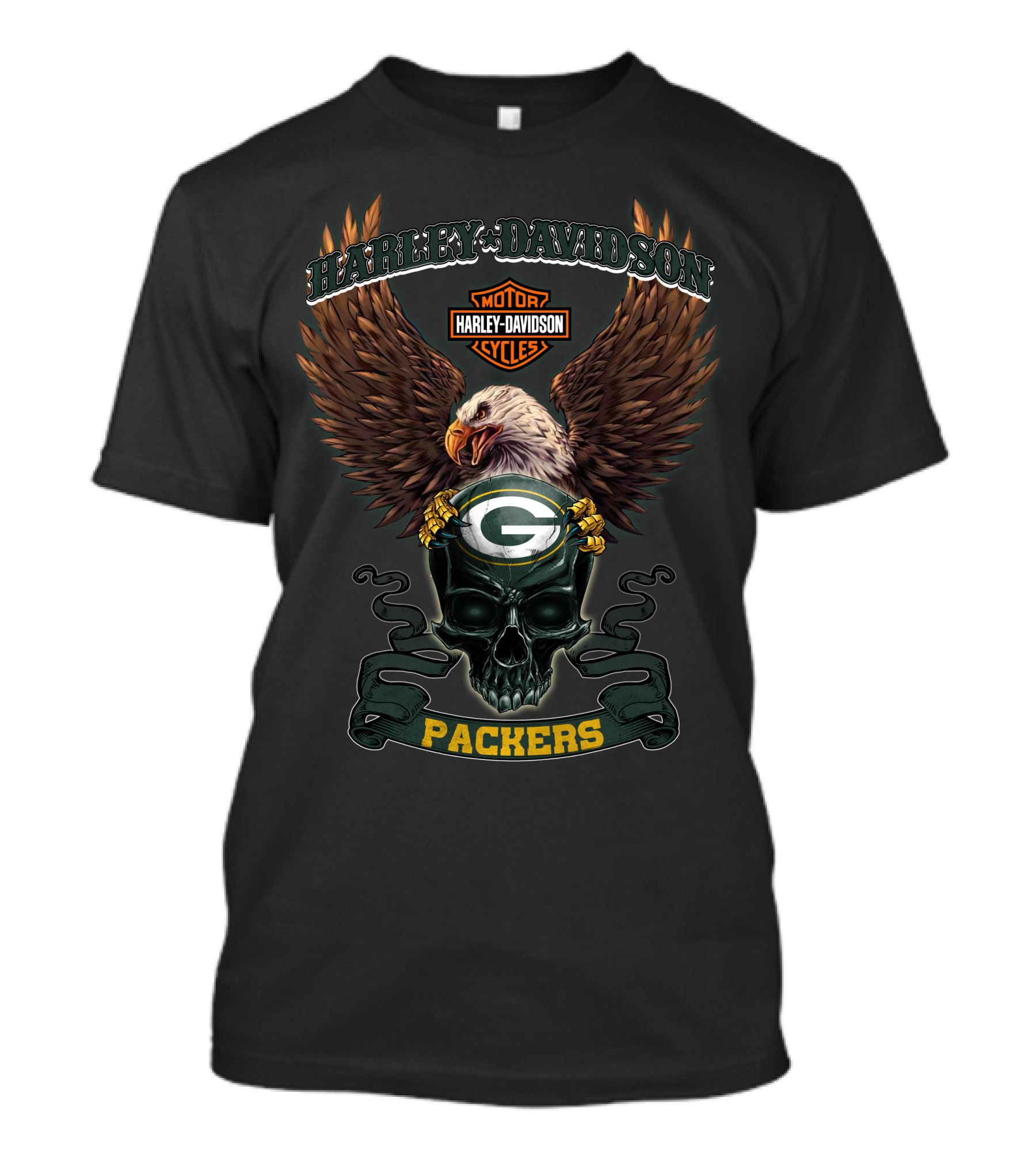 Harley Davidson Motor Cycles Nfl Green Bay Packers Eagle Skull T-Shirt