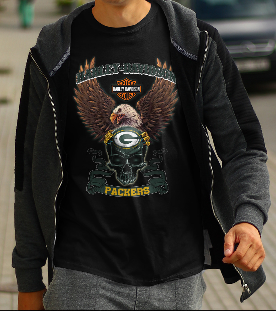 Harley Davidson Motor Cycles Nfl Green Bay Packers Eagle Skull T-Shirt