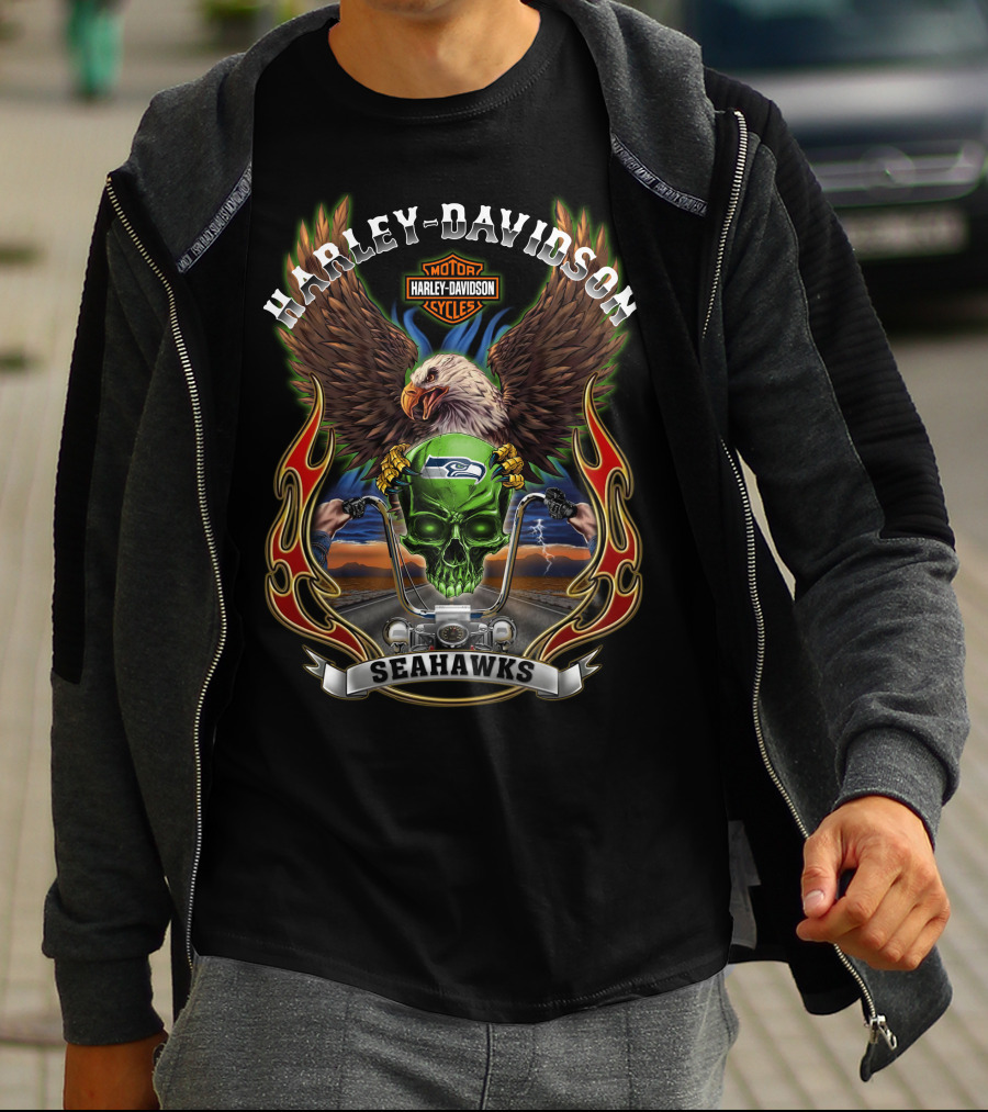 Harley Davidson Motorcycles Seahawks Eagle Riding T-Shirt