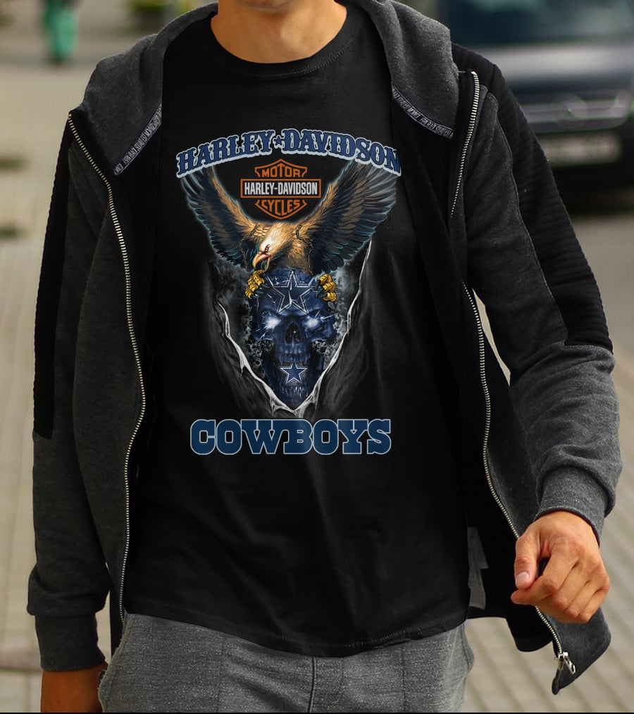 Harley Davidson Motor Cycles Eagle And Dallas Cowboys Blue Skull T-Shirt
