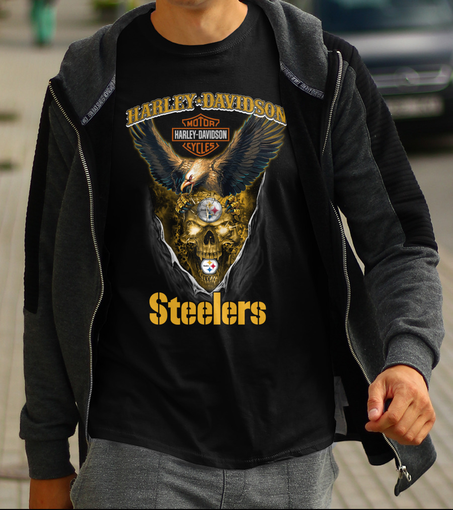 Harley Davidson Motor Cycles Pittsburgh Steelers Skull Eagle T-Shirt