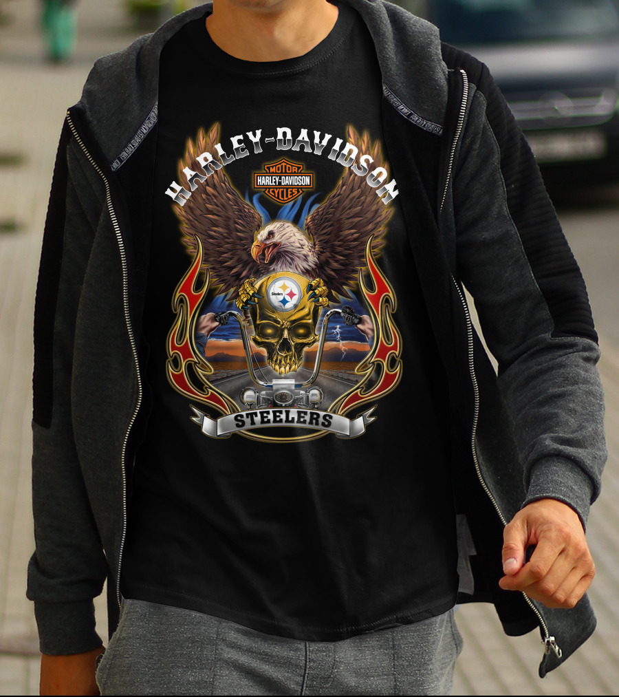 Harley Davidson Motorcycles Steelers Eagle Skull Road T-Shirt