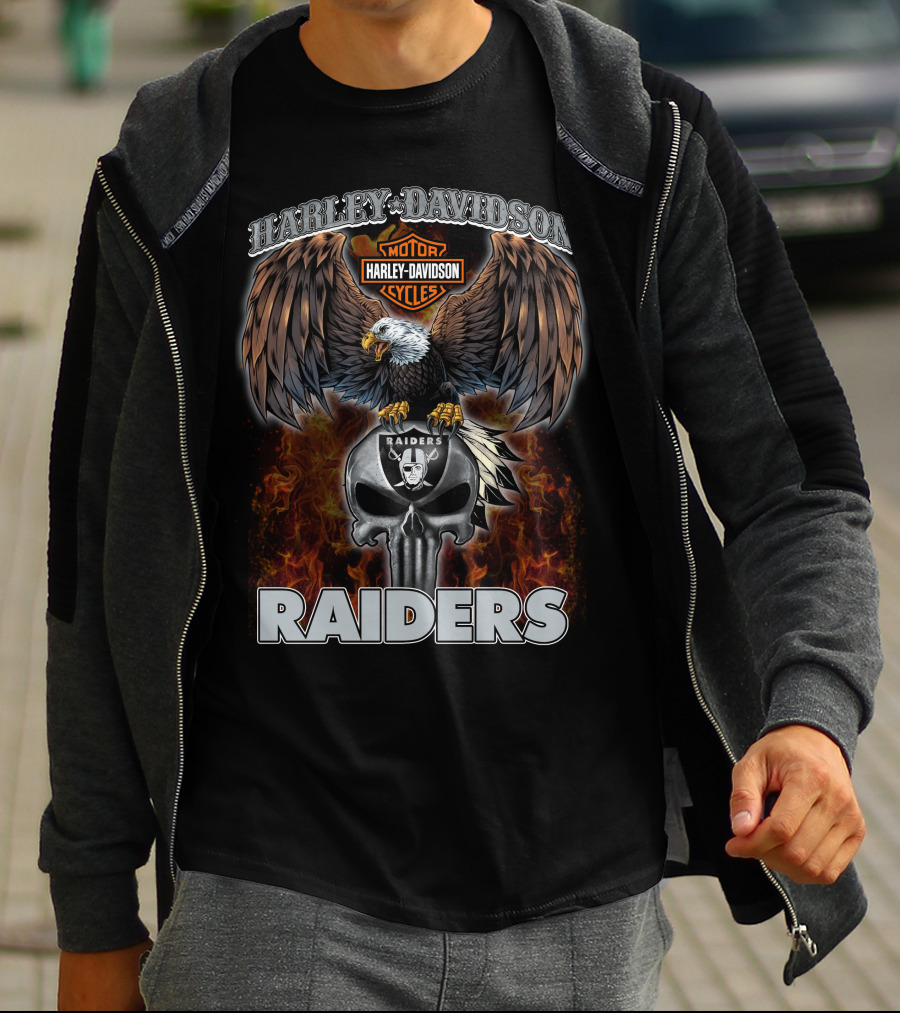 Harley Davidson Motor Cycles Raiders Nfl Eagle Skull Flames T-Shirt