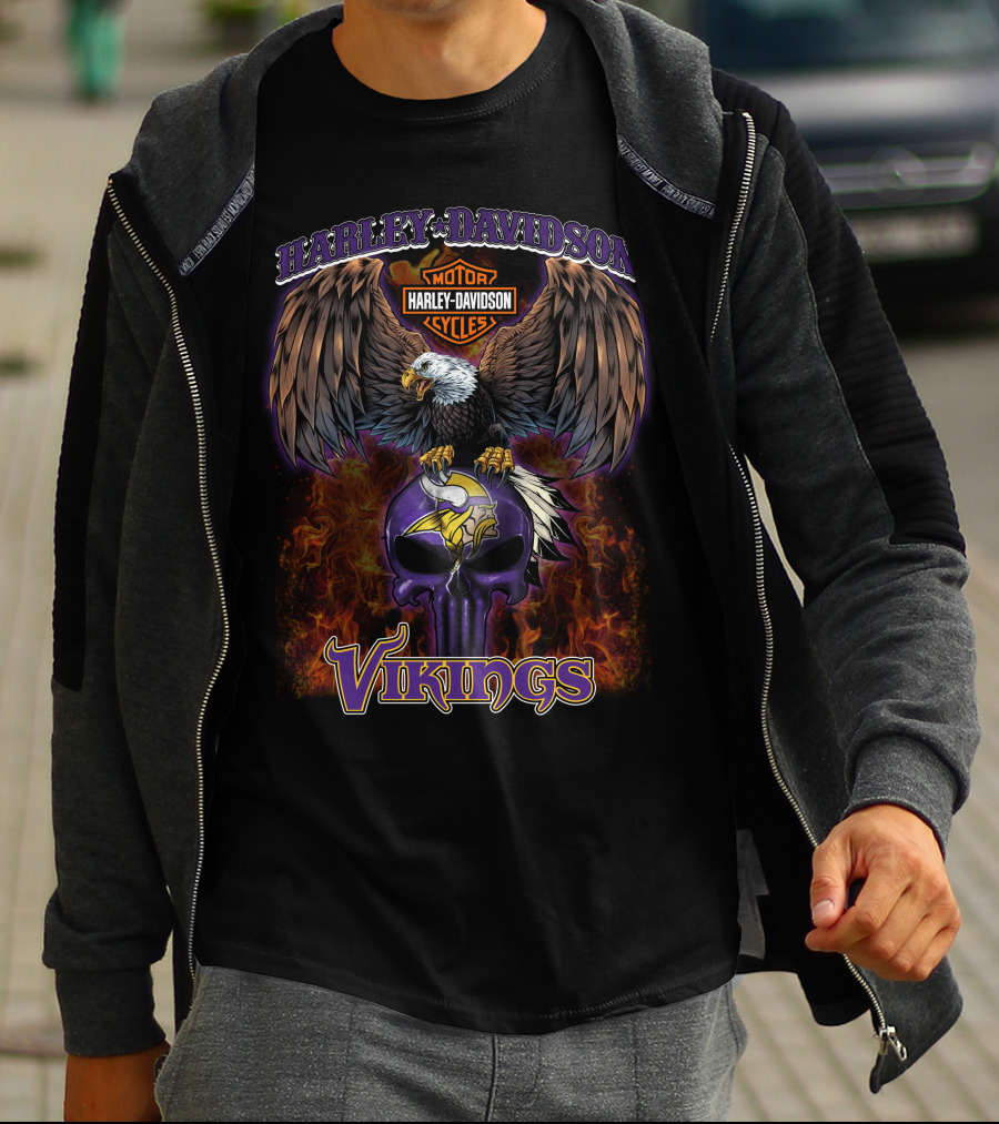 Harley Davidson Motor Cycles Minnesota Vikings Nfl Eagle Skull Flames T-Shirt