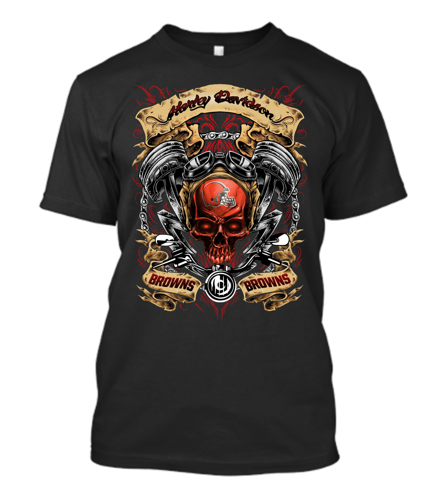Cleveland Browns Nfl Harley Davidson Skull Helmet Engine Art Browns Browns T-Shirt