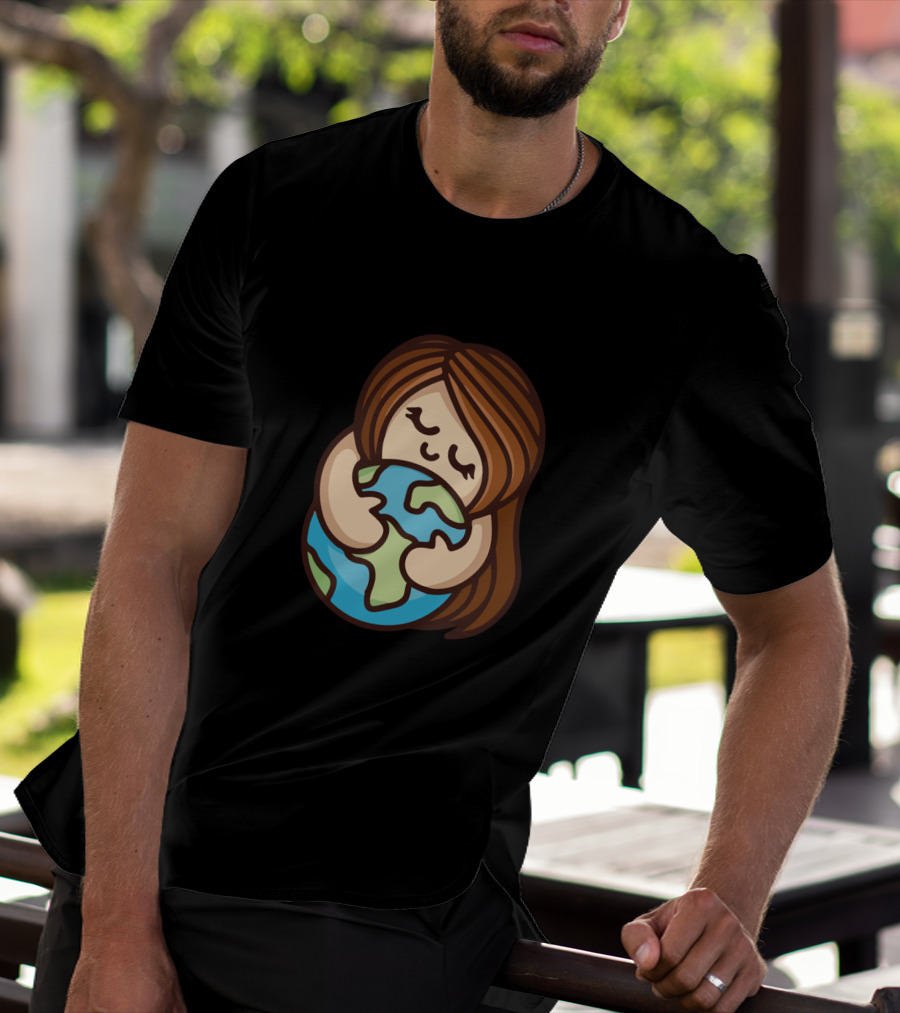 Keep Calm And Hug Earth Cute Cartoon Girl Embracing Globe T-Shirt
