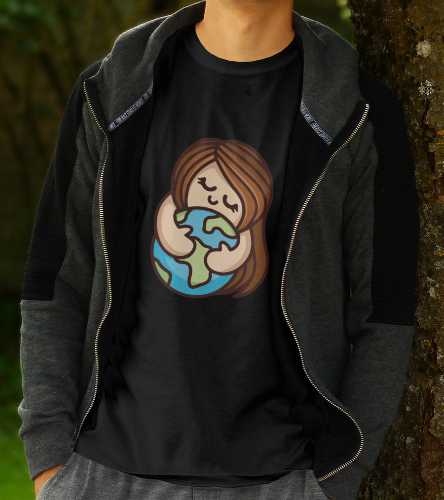 Keep Calm And Hug Earth Cute Cartoon Girl Embracing Globe T-Shirt