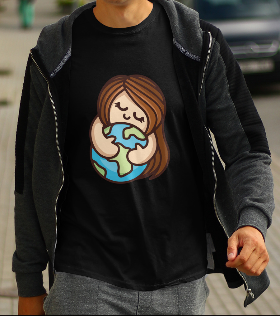 Keep Calm And Hug Earth Cute Cartoon Girl Embracing Globe T-Shirt