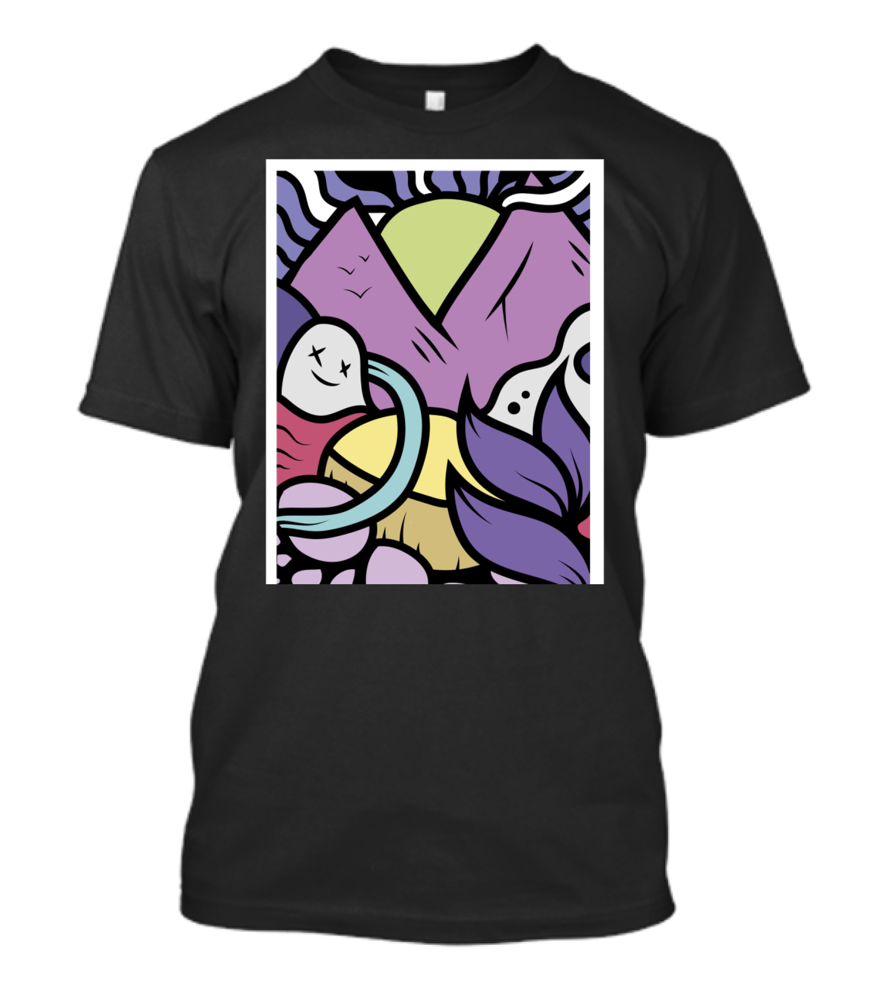 Vibrant Violet Mountains With Cartoon Ghosts And Abstract Nature Elements T-Shirt