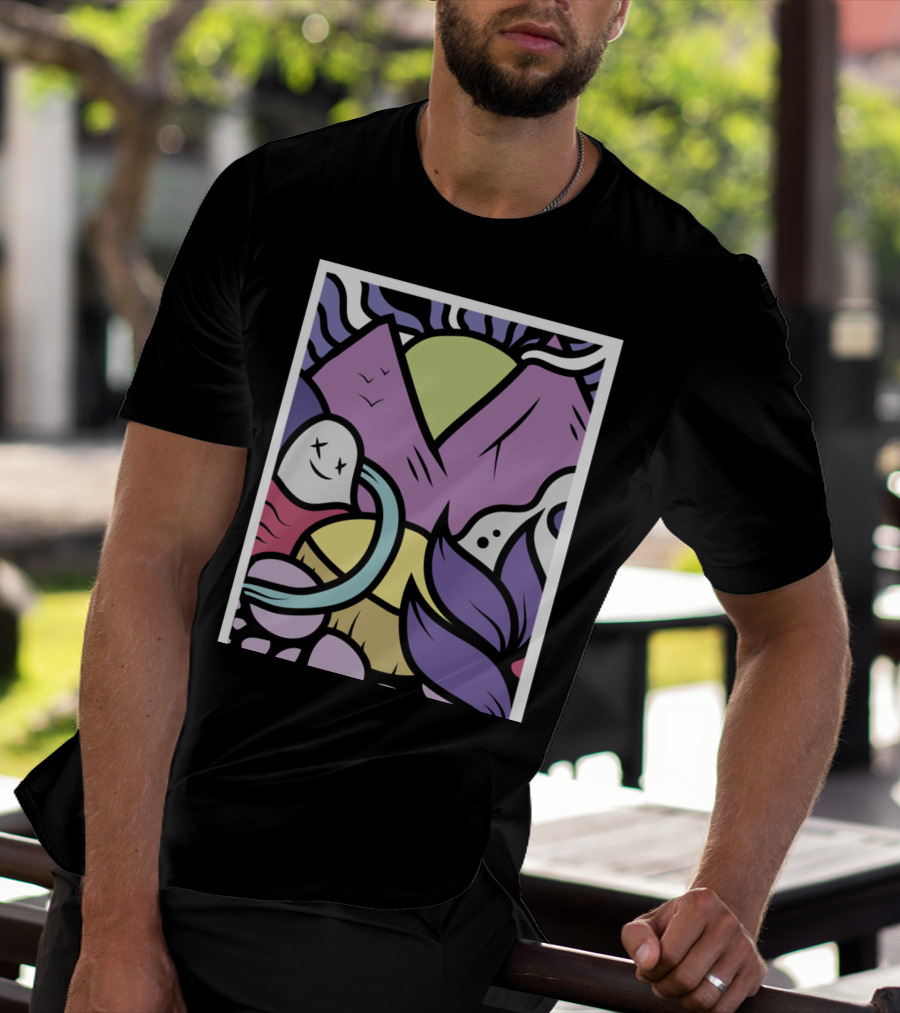 Vibrant Violet Mountains With Cartoon Ghosts And Abstract Nature Elements T-Shirt