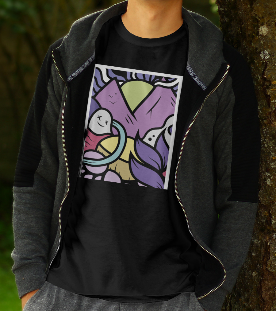 Vibrant Violet Mountains With Cartoon Ghosts And Abstract Nature Elements T-Shirt