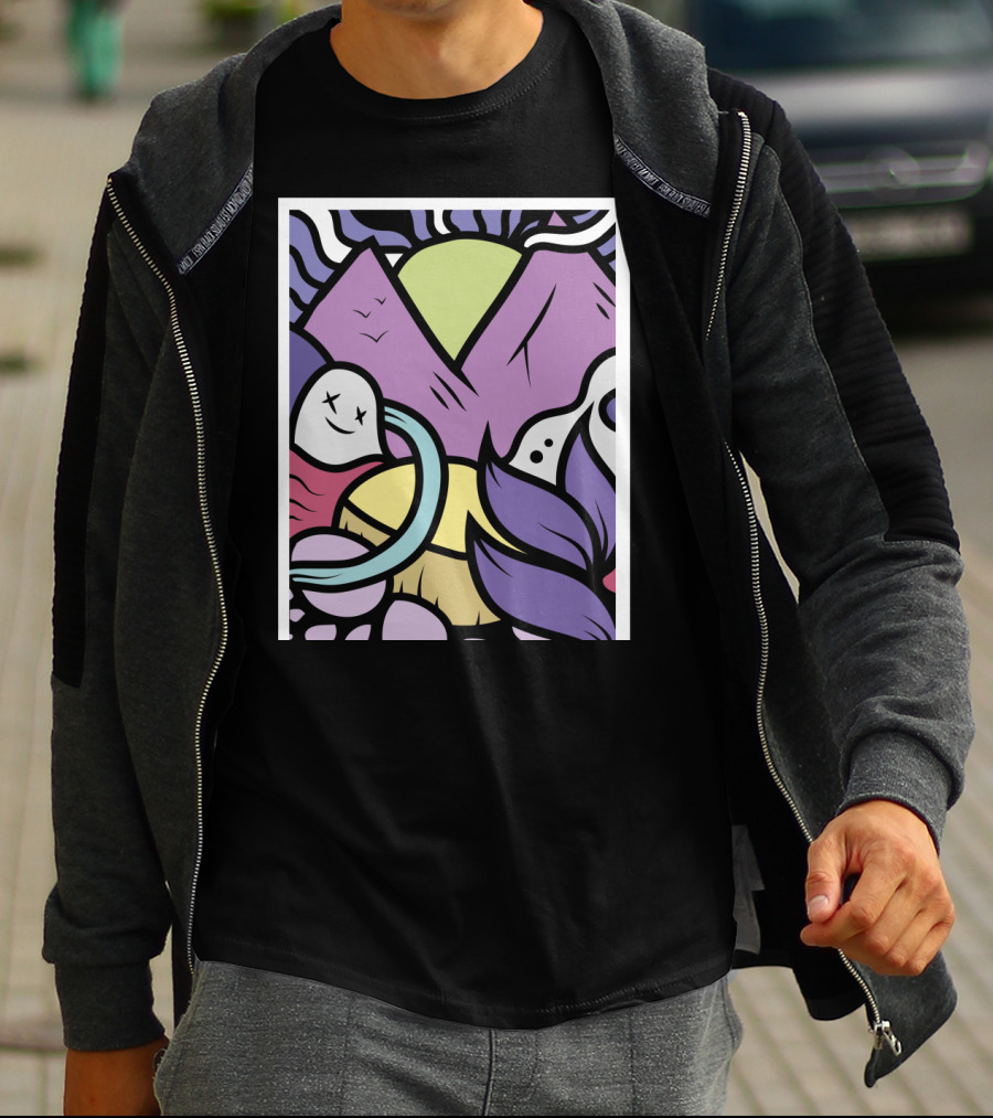 Vibrant Violet Mountains With Cartoon Ghosts And Abstract Nature Elements T-Shirt
