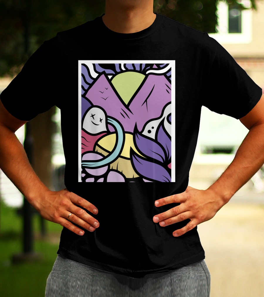 Vibrant Violet Mountains With Cartoon Ghosts And Abstract Nature Elements T-Shirt