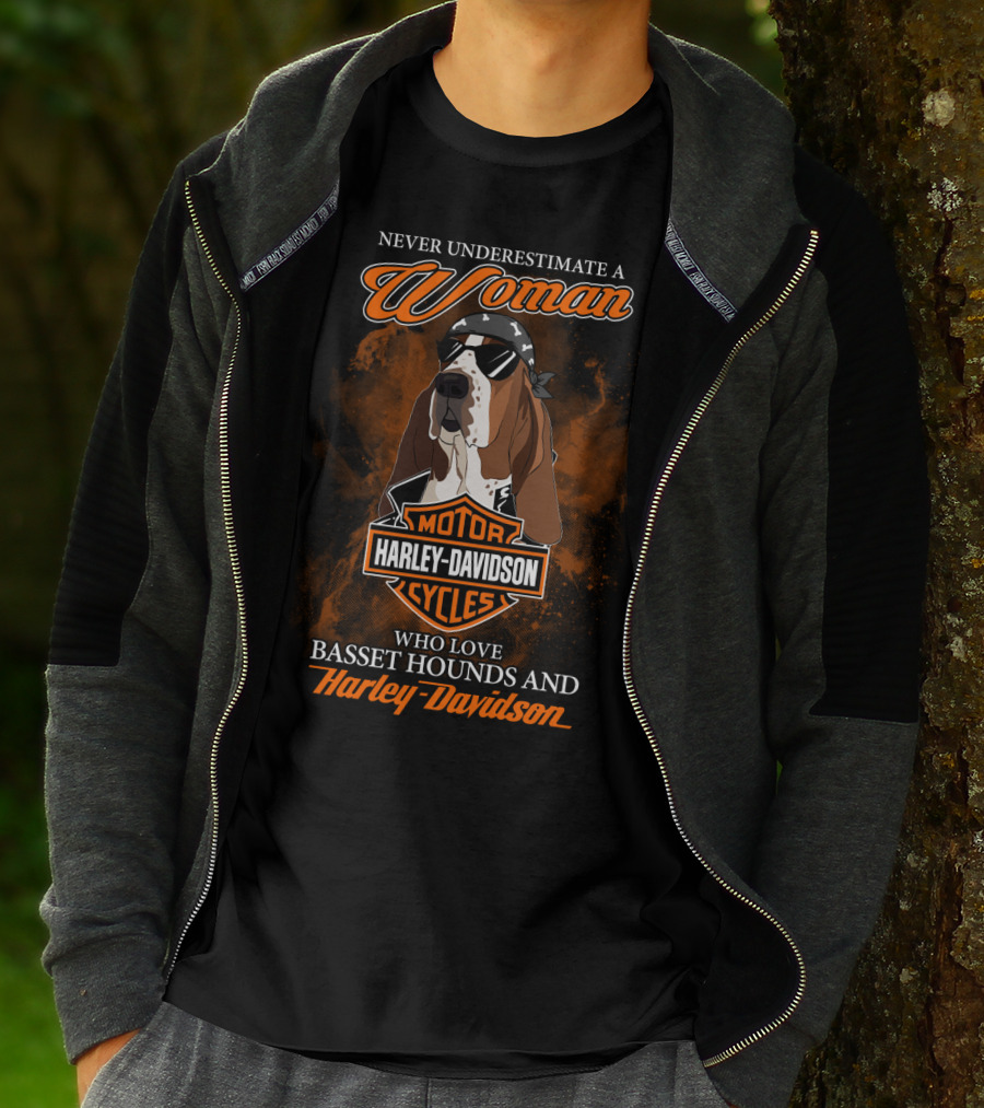 Never Underestimate A Woman Who Loves Basset Hounds And Harley Davidson T-Shirt
