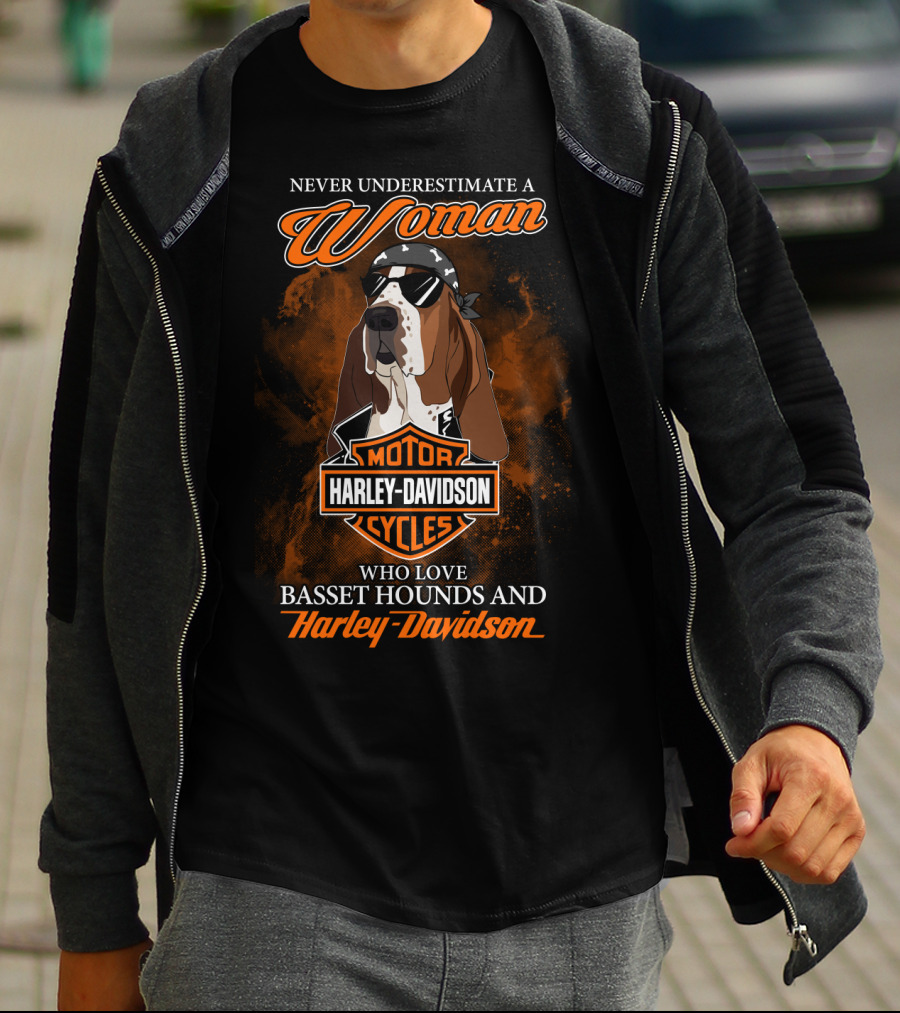 Never Underestimate A Woman Who Loves Basset Hounds And Harley Davidson T-Shirt