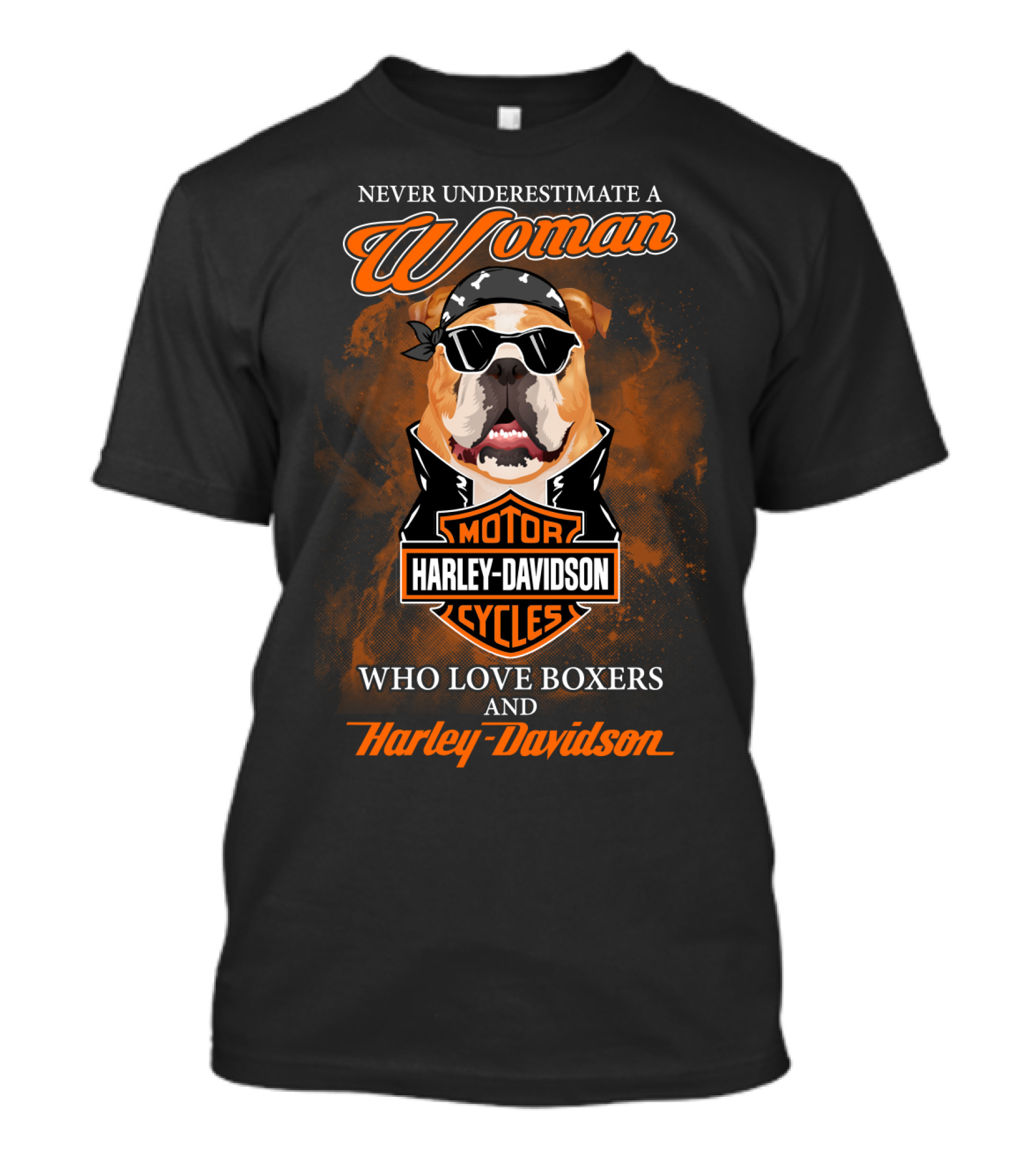Never Underestimate A Woman Who Loves Boxers And Harley Davidson Motorcycles T-Shirt