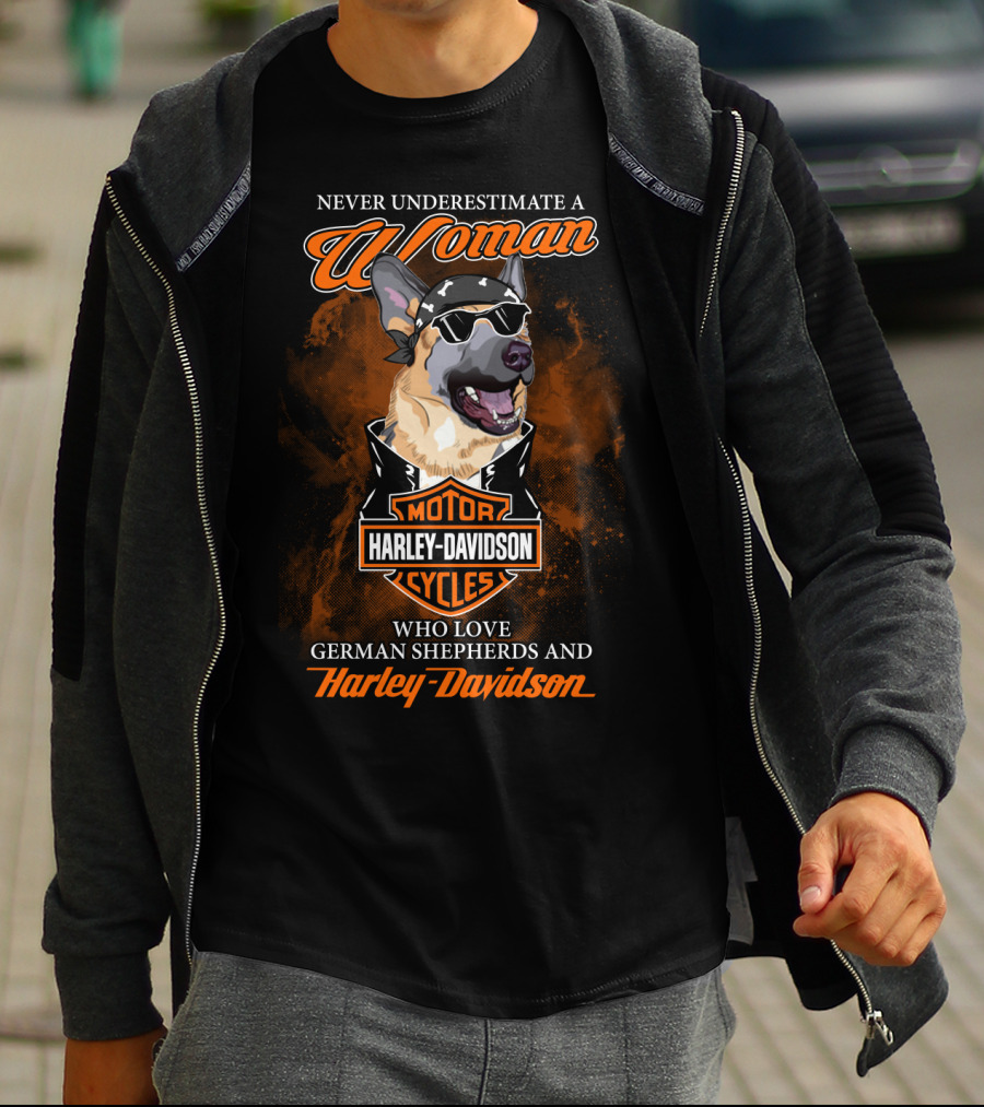 Never Underestimate A Woman Who Love German Shepherds And Harley Davidson Motorcycles T-Shirt