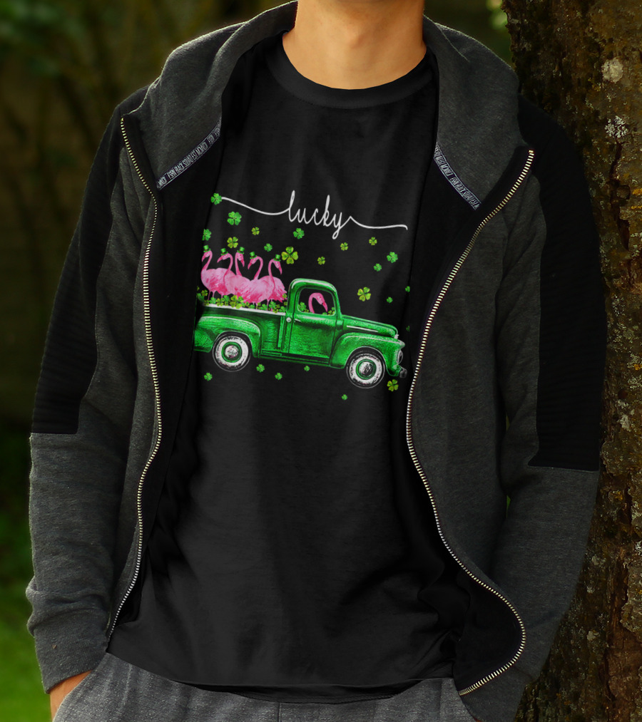 Lucky Flamingo Green Truck With Shamrocks T-Shirt