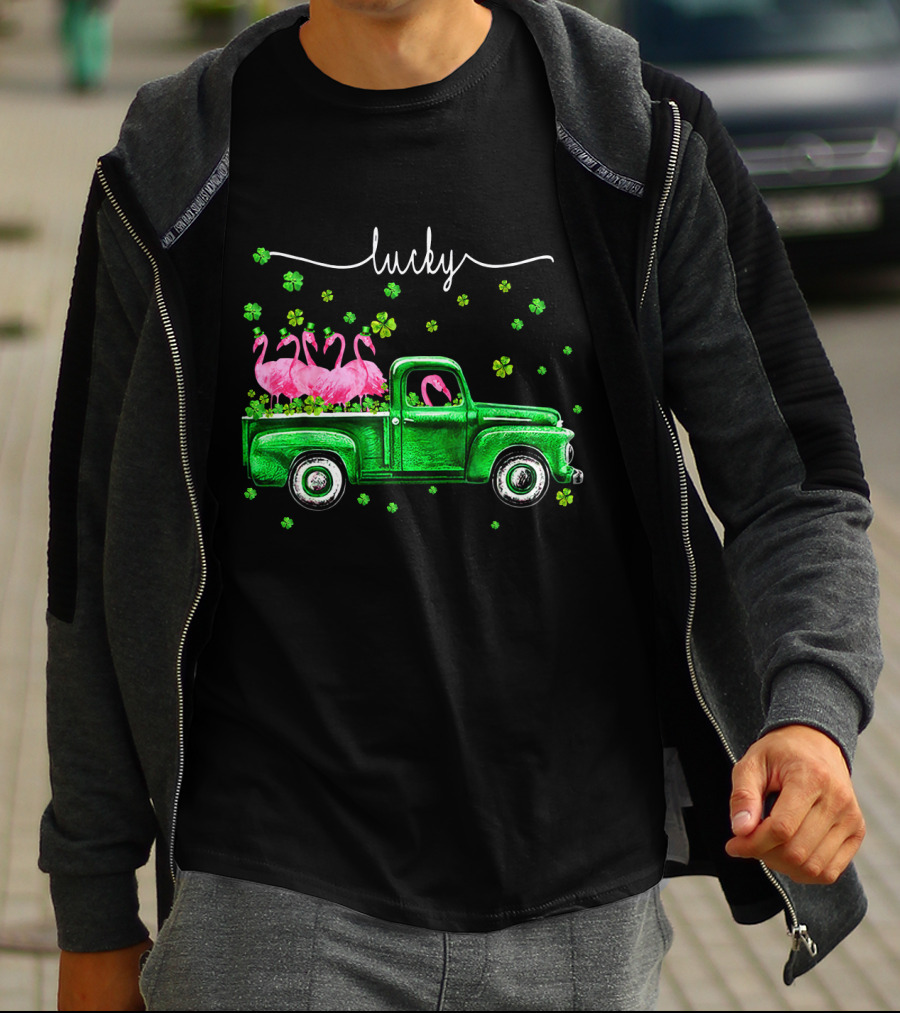 Lucky Flamingo Green Truck With Shamrocks T-Shirt