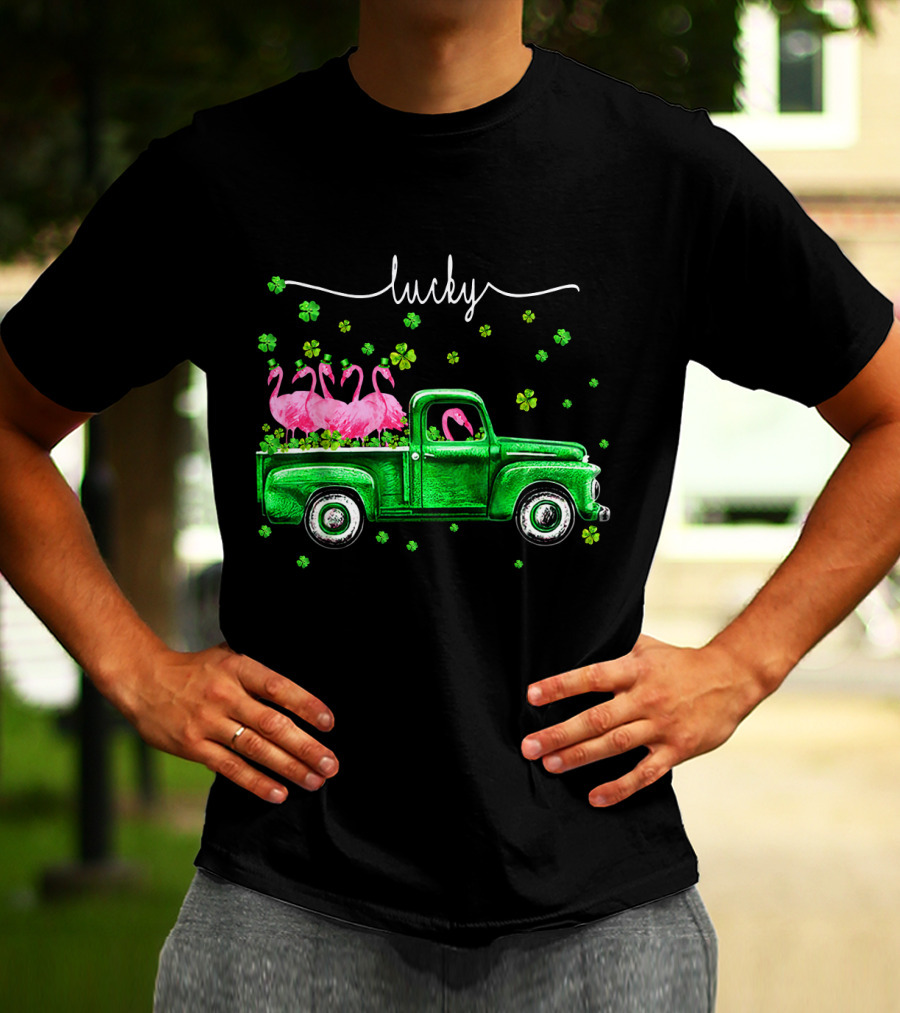 Lucky Flamingo Green Truck With Shamrocks T-Shirt
